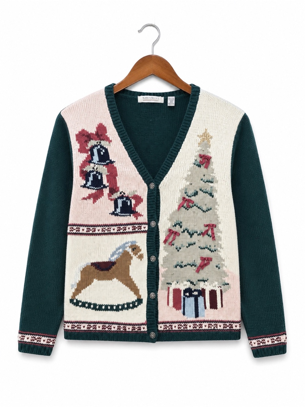 Vintage 90s Karen Scott Christmas Cardigan Sweater L Rocking Horse Tree Bows